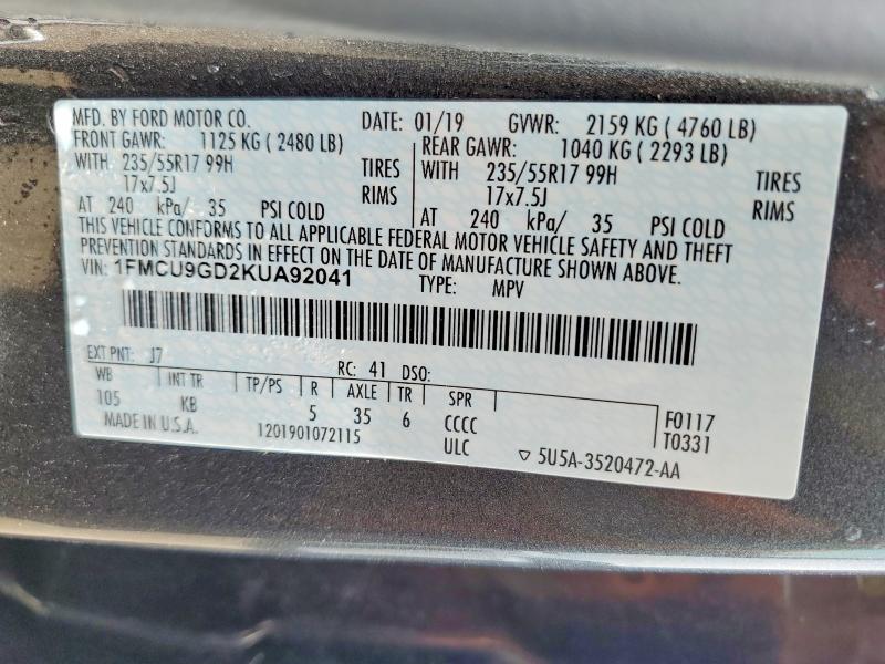 Aukcja sprzedaży 2019 Ford Escape, vin: 1FMCU9GD2KUA92041, numer aukcji: 53820506