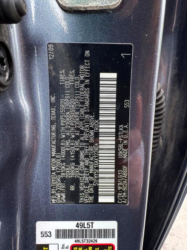 53463746 :رقم المزاد ، 5TFHY5F1XAX122804 vin ، 2010 Toyota Tundra مزاد بيع