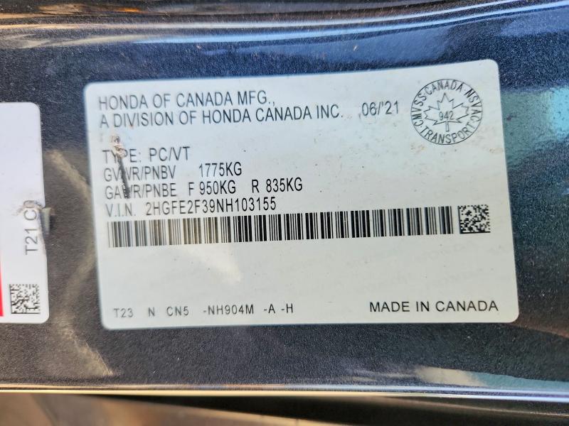 2022 Honda Civic მანქანა იყიდება აუქციონზე, vin: 2HGFE2F39NH103155, აუქციონის ნომერი: 50251156