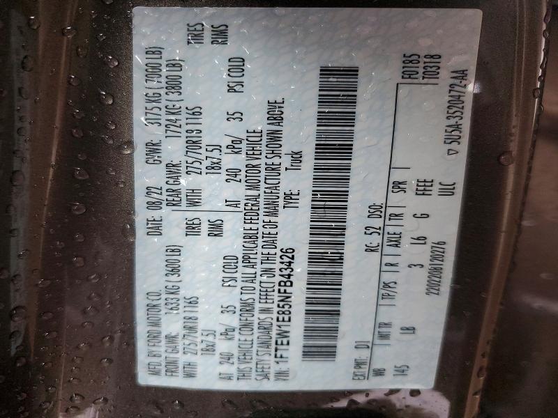 53036256 :رقم المزاد ، 1FTEW1E85NFB43426 vin ، 2022 Ford F150 مزاد بيع