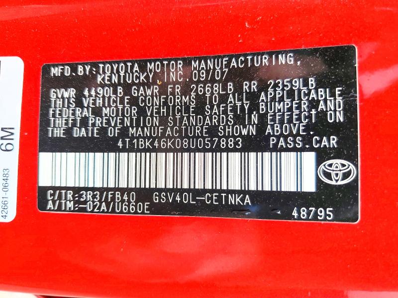 Продаж на аукціоні авто 2008 Toyota Camry, vin: 4T1BK46K08U057883, номер лоту: 54855516