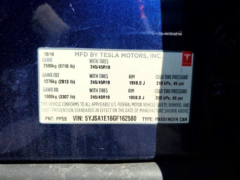 52465726 :رقم المزاد ، 5YJSA1E16GF162580 vin ، 2016 Tesla Model S مزاد بيع
