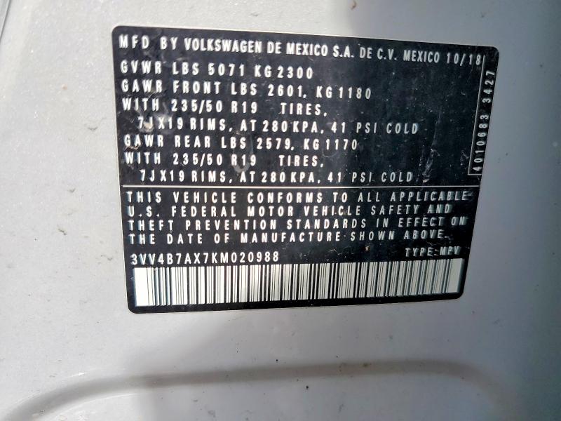 Aukcja sprzedaży 2019 Volkswagen Tiguan, vin: 3VV4B7AX7KM020988, numer aukcji: 51503036