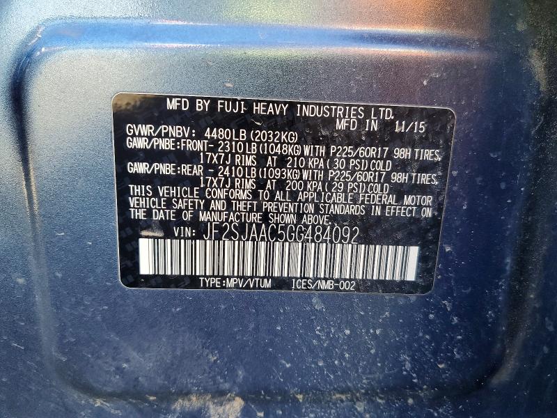 Продаж на аукціоні авто 2016 Subaru Forester, vin: JF2SJAAC5GG484092, номер лоту: 51083656