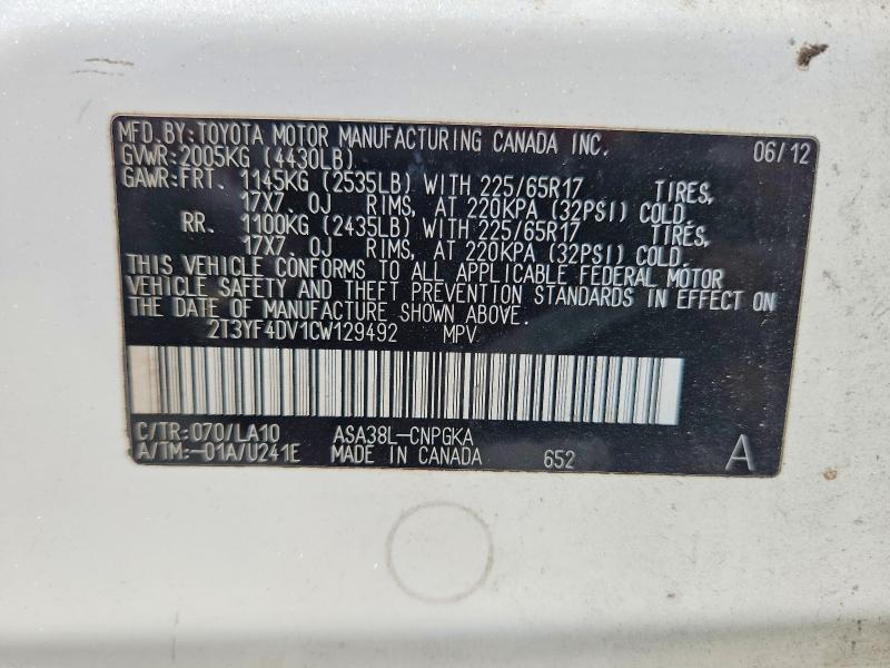 52197366 :رقم المزاد ، 2T3YF4DV1CW129492 vin ، 2012 Toyota Rav4 مزاد بيع