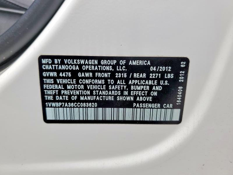 53508396 :رقم المزاد ، 1VWBP7A36CC083620 vin ، 2012 Volkswagen Passat مزاد بيع