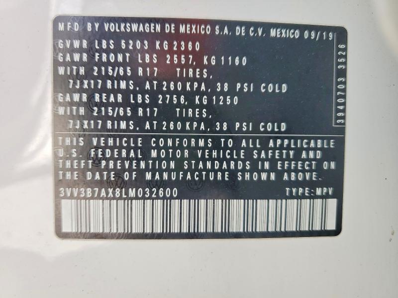 53337006 :رقم المزاد ، 3VV3B7AX8LM032600 vin ، 2020 Volkswagen Tiguan مزاد بيع