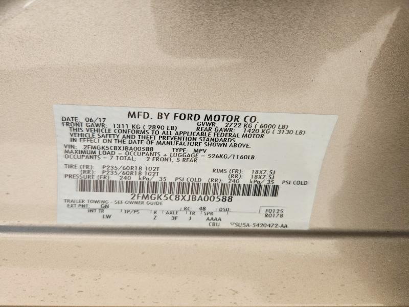 2018 Ford Flex მანქანა იყიდება აუქციონზე, vin: 2FMGK5C8XJBA00588, აუქციონის ნომერი: 53202876