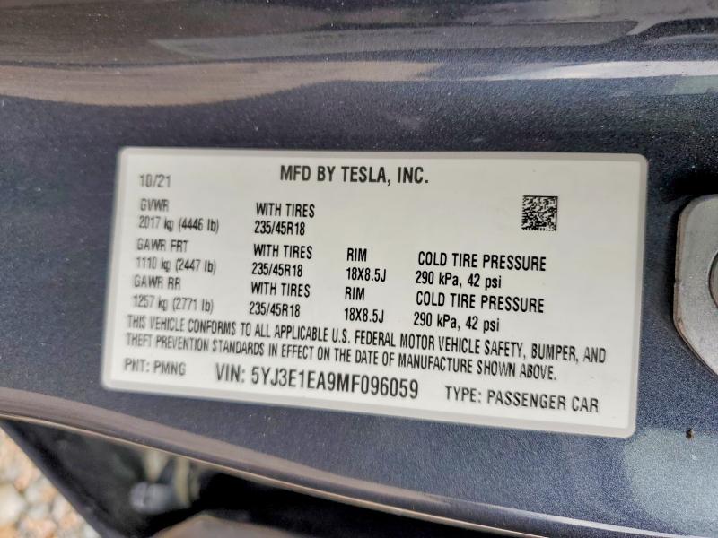 Aukcja sprzedaży 2021 Tesla Model 3, vin: 5YJ3E1EA9MF096059, numer aukcji: 50558156