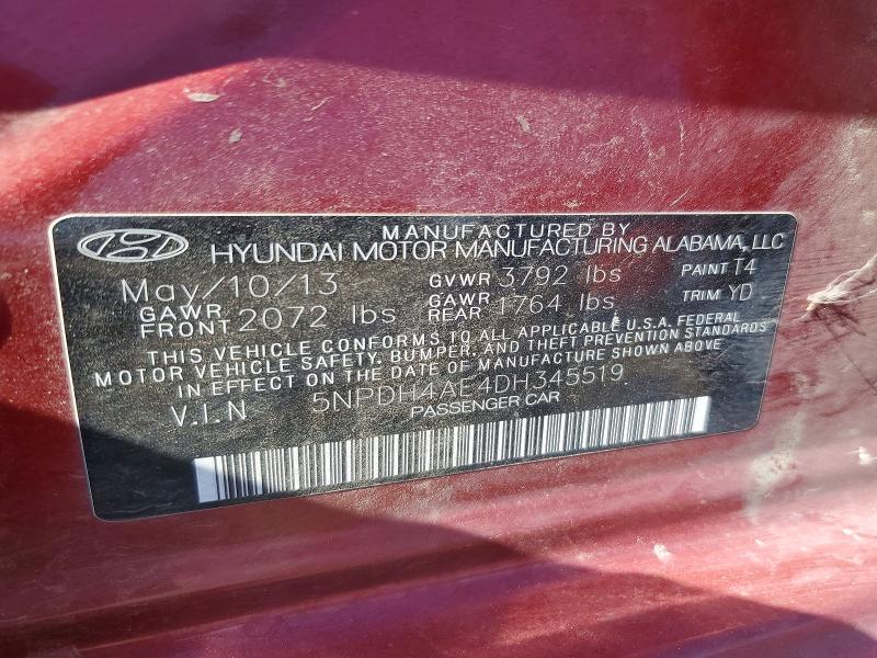 2013 Hyundai Elantra მანქანა იყიდება აუქციონზე, vin: 5NPDH4AE4DH345519, აუქციონის ნომერი: 54184046