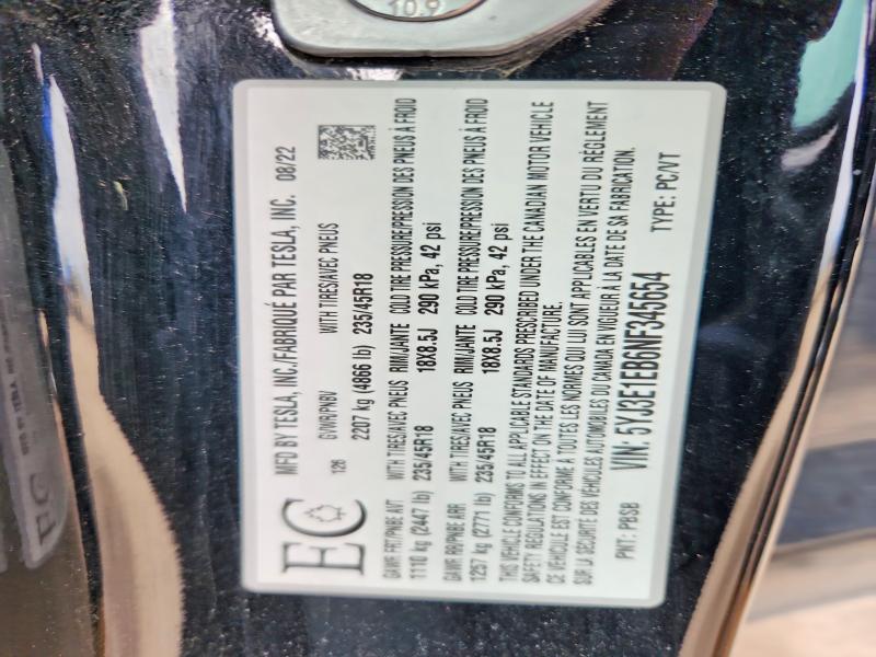 2022 Tesla Model 3 მანქანა იყიდება აუქციონზე, vin: 5YJ3E1EB6NF345654, აუქციონის ნომერი: 51363496