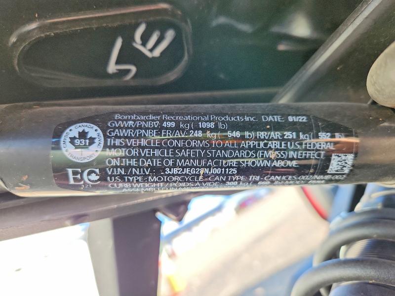2022 Can-am Ryker მანქანა იყიდება აუქციონზე, vin: 3JB2JEG28NJ001125, აუქციონის ნომერი: 53255486