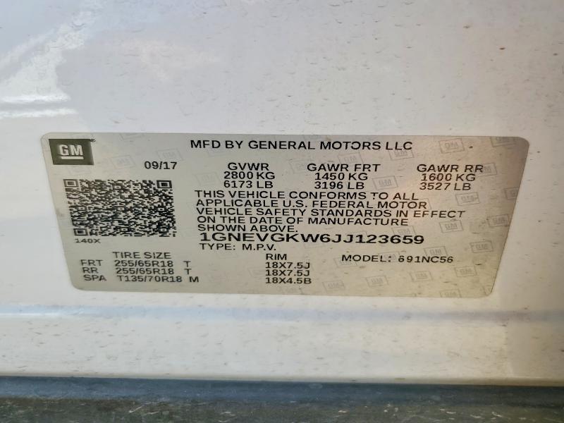 50947036 :رقم المزاد ، 1GNEVGKW6JJ123659 vin ، 2018 Chevrolet Traverse مزاد بيع