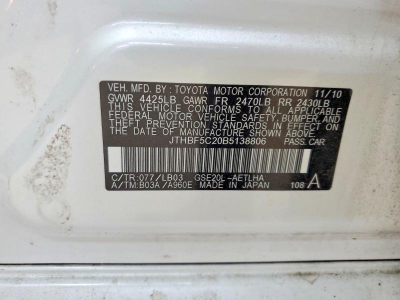 52518316 :رقم المزاد ، JTHBF5C20B5138806 vin ، 2011 Lexus Is مزاد بيع