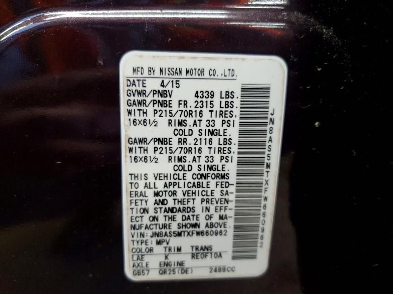 55117496 :رقم المزاد ، JN8AS5MTXFW660962 vin ، 2015 Nissan Rogue Select مزاد بيع