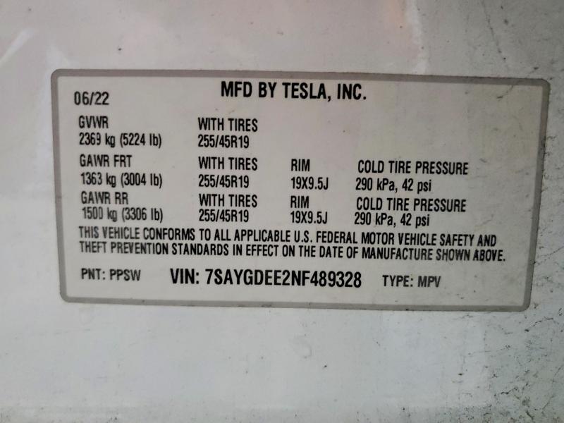 Продажа на аукционе авто 2022 Tesla Model Y, vin: 7SAYGDEE2NF489328, номер лота: 52192356