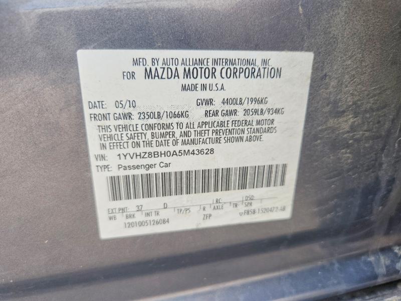 2010 Mazda 6 მანქანა იყიდება აუქციონზე, vin: 1YVHZ8BH0A5M43628, აუქციონის ნომერი: 52368376