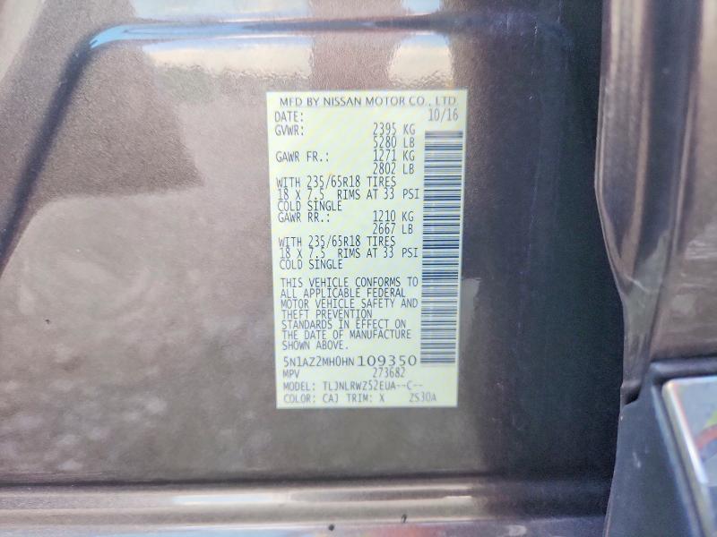 51785036 :رقم المزاد ، 5N1AZ2MH0HN109350 vin ، 2017 Nissan Murano مزاد بيع
