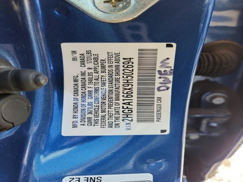 53635566 :رقم المزاد ، 2HGFA166X9H502694 vin ، 2009 Honda Civic مزاد بيع