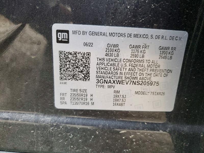 2022 Chevrolet Equinox მანქანა იყიდება აუქციონზე, vin: 3GNAXWEV7NS205975, აუქციონის ნომერი: 53843906