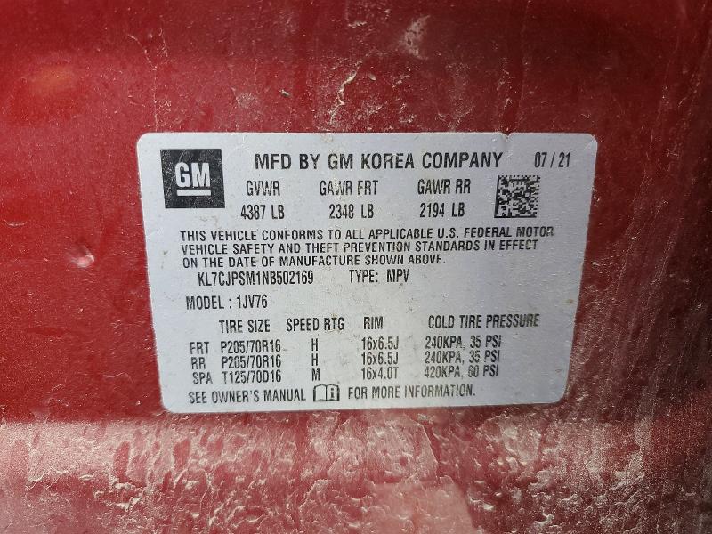 55011036 :رقم المزاد ، KL7CJPSM1NB502169 vin ، 2022 Chevrolet Trax مزاد بيع