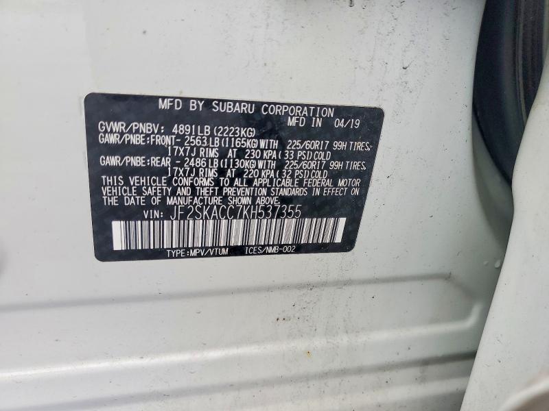 54604966 :رقم المزاد ، JF2SKACC7KH537355 vin ، 2019 Subaru Forester مزاد بيع