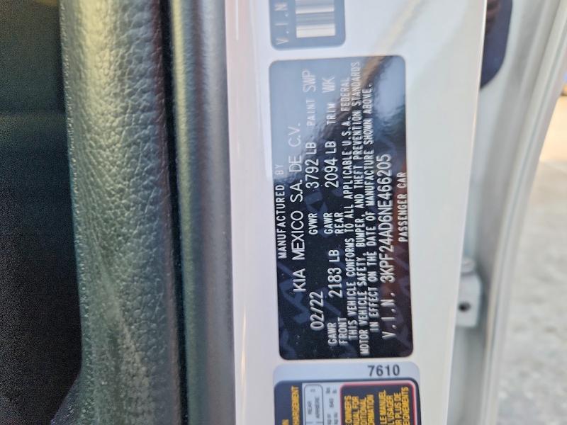 53410936 :رقم المزاد ، 3KPF24AD6NE466205 vin ، 2022 Kia Forte مزاد بيع