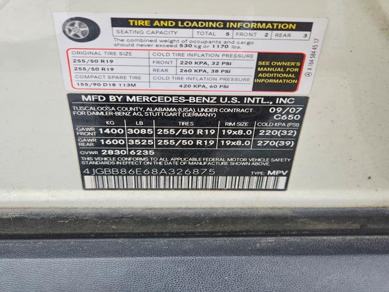 2008 Mercedes-benz Ml მანქანა იყიდება აუქციონზე, vin: 4JGBB86E68A326875, აუქციონის ნომერი: 52055986