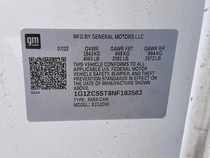 Aukcja sprzedaży 2022 Chevrolet Malibu, vin: 1G1ZC5ST8NF183583, numer aukcji: 54964986