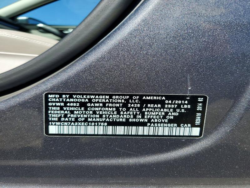 52926256 :رقم المزاد ، 1VWCN7A3XEC101758 vin ، 2014 Volkswagen Passat مزاد بيع