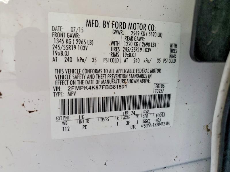 2015 Ford Edge მანქანა იყიდება აუქციონზე, vin: 2FMPK4K87FBB81801, აუქციონის ნომერი: 53432606