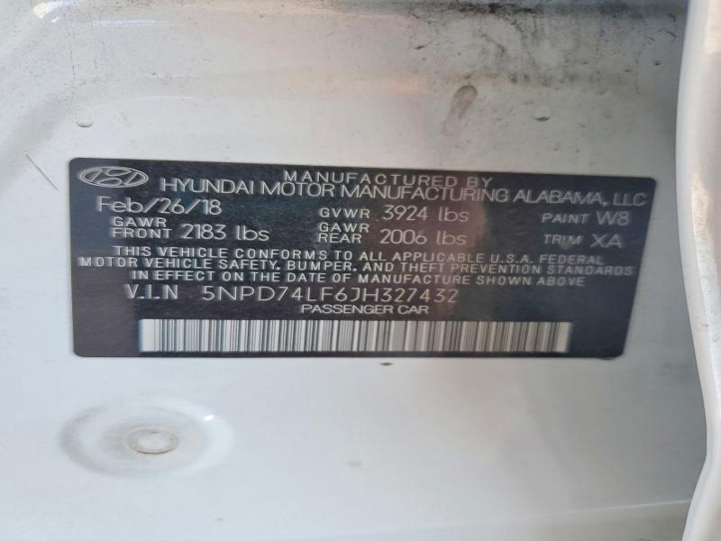 55034736 :رقم المزاد ، 5NPD74LF6JH327432 vin ، 2018 Hyundai Elantra مزاد بيع