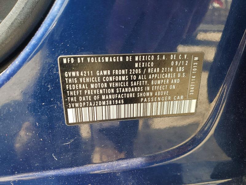 2013 Volkswagen Jetta მანქანა იყიდება აუქციონზე, vin: 3VWDP7AJ2DM381945, აუქციონის ნომერი: 53348716