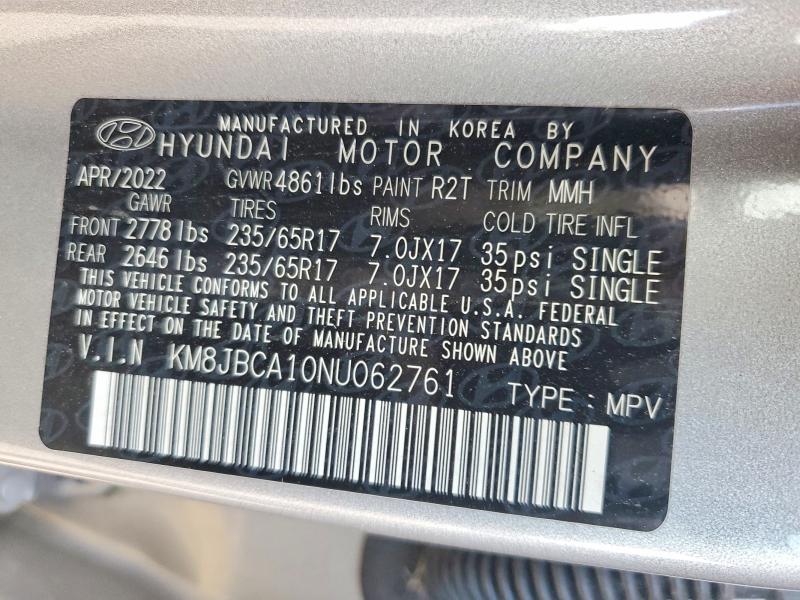 52157286 :رقم المزاد ، KM8JBCA10NU062761 vin ، 2022 Hyundai Tucson مزاد بيع