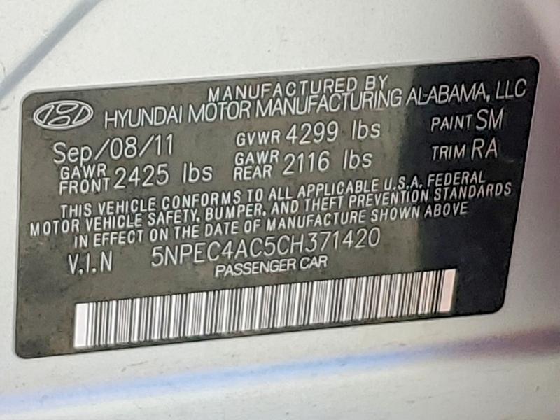 Продаж на аукціоні авто 2012 Hyundai Sonata, vin: 5NPEC4AC5CH371420, номер лоту: 53834546