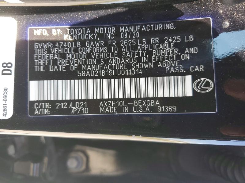54006276 :رقم المزاد ، 58AD21B19LU011314 vin ، 2020 Lexus Es مزاد بيع