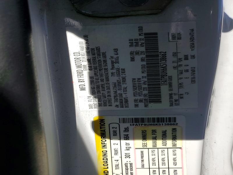 54623696 :رقم المزاد ، 1FATP8UH6K5138662 vin ، 2019 Ford Mustang مزاد بيع
