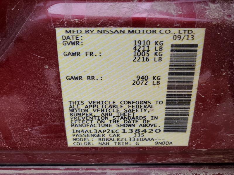 Продажа на аукционе авто 2014 Nissan Altima, vin: 1N4AL3AP2EC138420, номер лота: 52596326