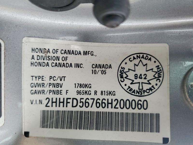2006 Acura Csx მანქანა იყიდება აუქციონზე, vin: 2HHFD56766H200060, აუქციონის ნომერი: 53960516