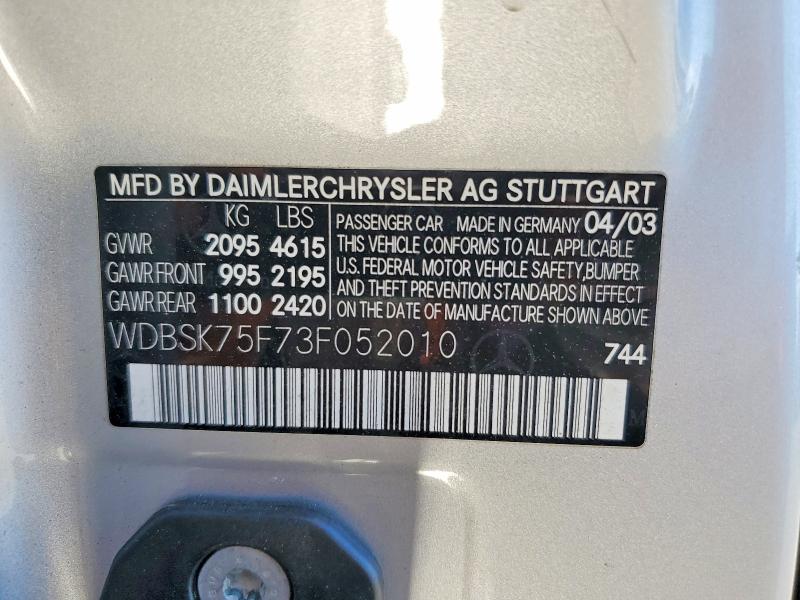 Продажа на аукционе авто 2003 Mercedes-benz Sl, vin: WDBSK75F73F052010, номер лота: 52724626