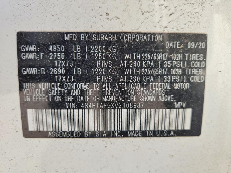 53579736 :رقم المزاد ، 4S4BTAFCXM3108987 vin ، 2021 Subaru Outback مزاد بيع