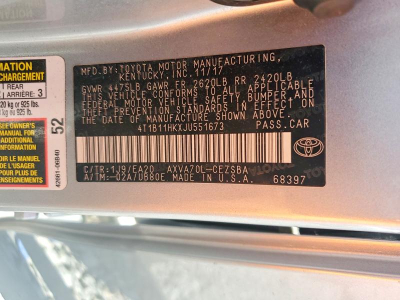 Auction sale of the 2018 Toyota Camry, vin: 4T1B11HKXJU551673, lot number: 52777396