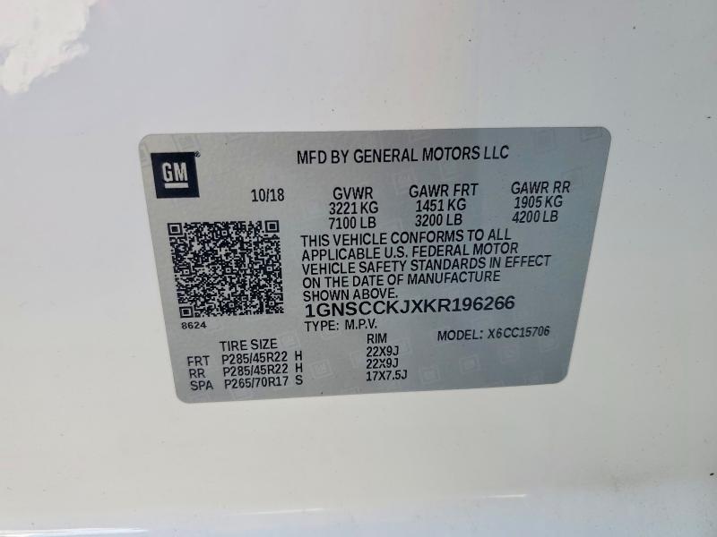 2019 Chevrolet Tahoe მანქანა იყიდება აუქციონზე, vin: 1GNSCCKJXKR196266, აუქციონის ნომერი: 52091386