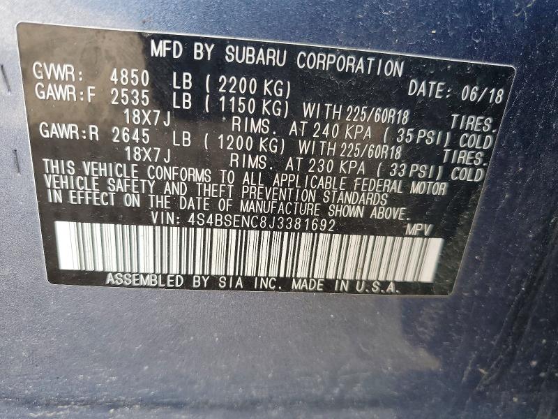 2018 Subaru Outback მანქანა იყიდება აუქციონზე, vin: 4S4BSENC8J3381692, აუქციონის ნომერი: 54243266