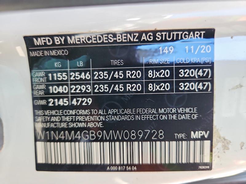 54530296 :رقم المزاد ، W1N4M4GB9MW089728 vin ، 2021 Mercedes-benz Glb مزاد بيع