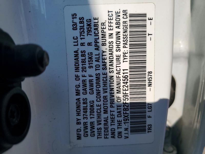 2015 Honda Civic მანქანა იყიდება აუქციონზე, vin: 19XFB2F59FE245611, აუქციონის ნომერი: 54015506