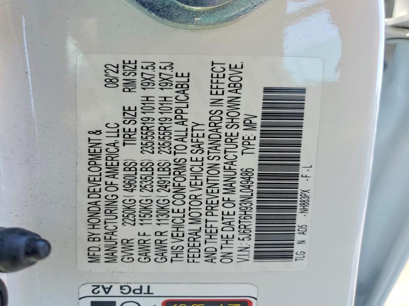 54017846 :رقم المزاد ، 5J6RT6H93NL049486 vin ، 2022 Honda Cr-v مزاد بيع