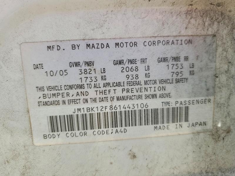 Aukcja sprzedaży 2006 Mazda 3, vin: JM1BK12F861443106, numer aukcji: 54780526