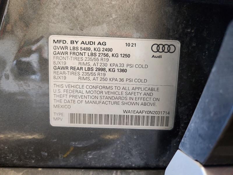 2022 Audi Q5 მანქანა იყიდება აუქციონზე, vin: WA1EAAFY0N2031714, აუქციონის ნომერი: 54450746