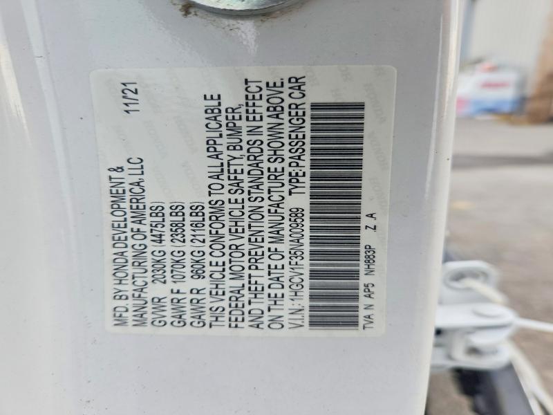 2022 Honda Accord მანქანა იყიდება აუქციონზე, vin: 1HGCV1F35NA009589, აუქციონის ნომერი: 53569316